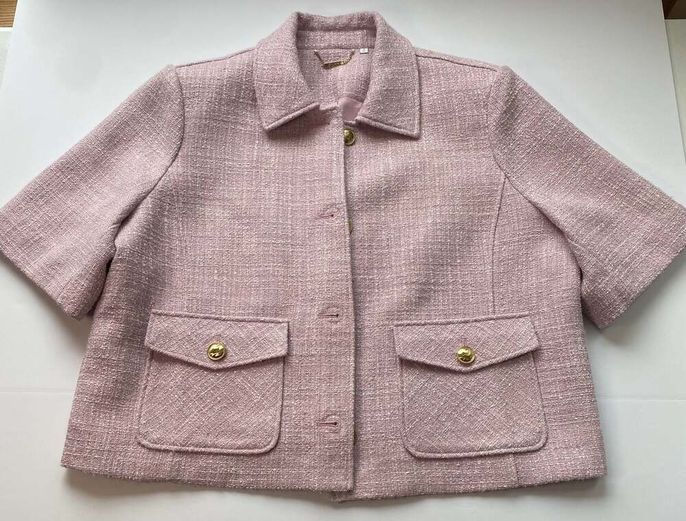Chico's Pink Short Sleeve Tweed Jacket with Gold Buttons Size 3 XL